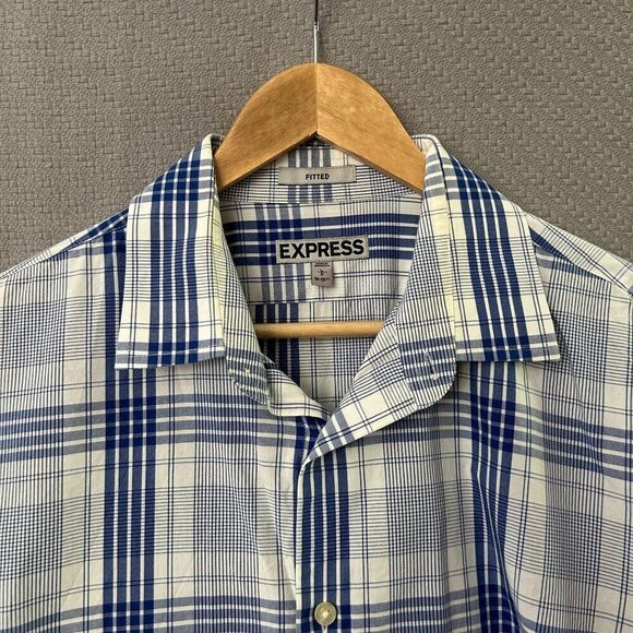 Express Large Fitted Long Sleeve Button-Front Shirt Blue White Plaid 16 - 16 1/2 - Picture 2 of 14